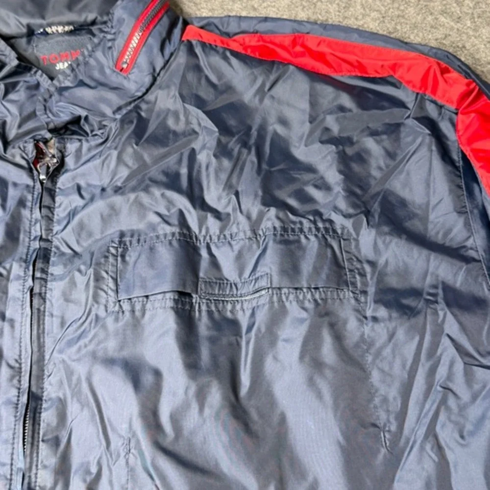 Tommy Jeans Mens 3XL Windbreaker Jacket Navy Blue‎ Red Stripe Vintage Full Zip